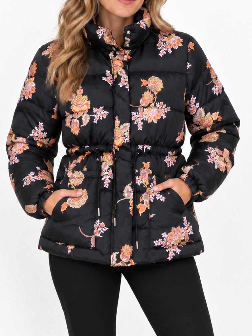 Who What Wear Black Floral Puffer Jacket Women’s Medium Drawstring Waist